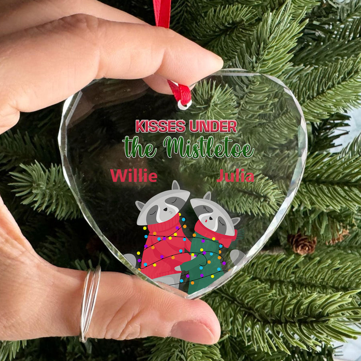 Kisses Under the Mistletoe | Raccoon Couple Christmas | Glass Ornament